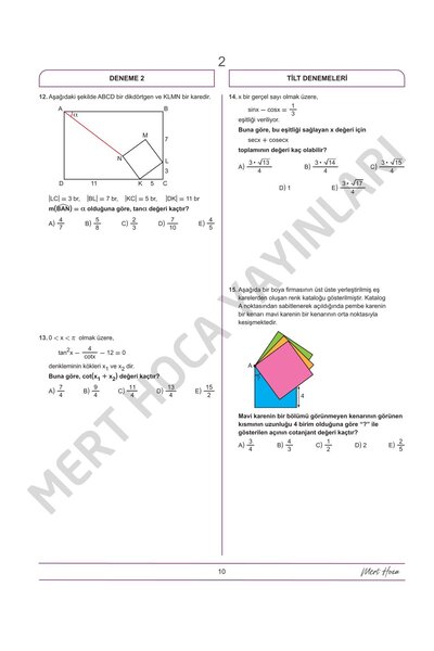 Mert Hoca Yayınları AYT TİLT Denemeleri Trigonometri İntegral Limit Türev 30'lu Deneme Mert Hoca