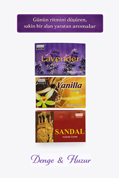 Hyge Denge&Huzur 3’lü Konik Tütsü Seti Sandal/Lavanta/Vanilya Rahatlatıcı Kok...
