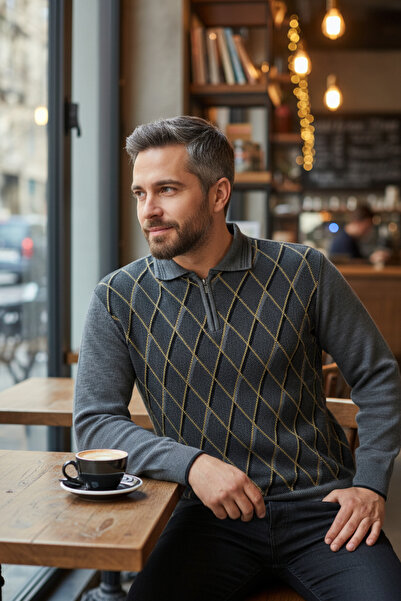 Kamalı Men's Gray Anti-Pilling Fabric Standard Fit Regular Cut Polo Neck Knit...