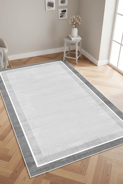 West Home Makinede Yıkanabilir Kaymaz Taban Leke Tutmaz Gri Çizgili Salon Halısı Mutfak Halısı ve Yolluk