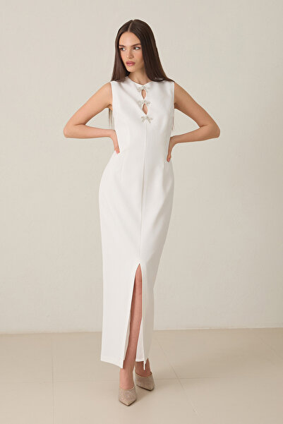 Setre فستان متوسط ​​الطول بدون أكمام من قماش غير قابل للتمدد من Ecru