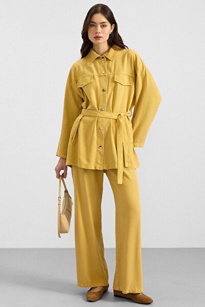 Olcay Snap Fastener Soft Denim Jacket and Trousers Two-Piece Set Yellow 9398-Tk