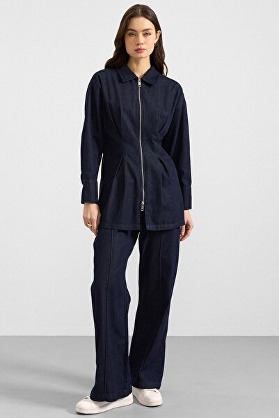 Olcay Zipper and Pencil Detail Jacket and Trousers Denim Two-Piece Set Dark B...