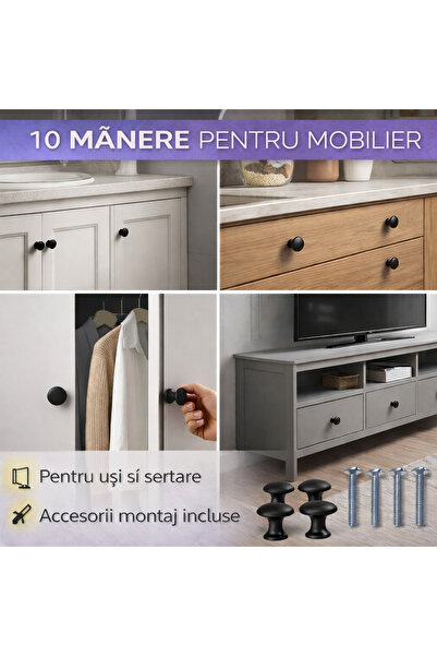 Ruhhy Set of 10 Furniture Knobs, Matte Black, 30mm,