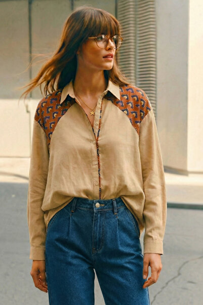 poupee Cămașă Burcu, Cămașă de damă de culoare bej cu detalii Garni, Cămașă c...