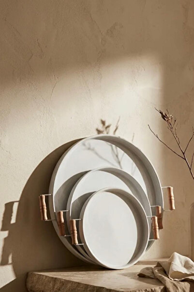 hemlife صينية تقديم معدنية مكونة من 3 قطع - مقبض خشبي، مجموعة صينية تقديم شاي...