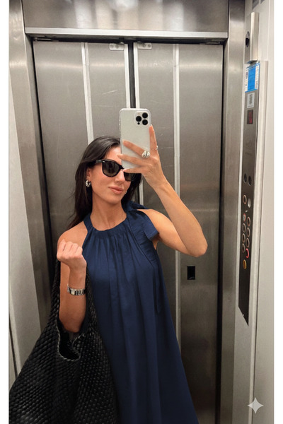 bymaestro woman فستان طويل بتفاصيل ربط الكتف من القماش المشروط للنساء