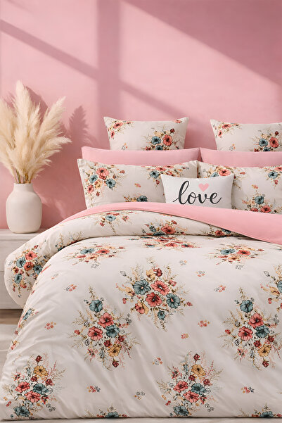 İQON طقم غطاء لحاف مع ملاءة مطاطية مزدوجة اللون بتصميم باقة السلمون