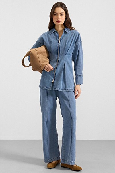 Olcay Zipper and Pencil Detail Jacket and Trousers Denim Two-Piece Set Light ...