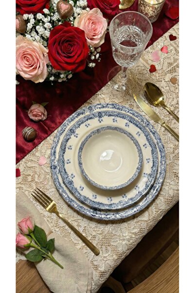 KÜTAHYA HOME Blue Romance 24 Parça Desenli Porselen Yemek Takımı – Şık Sofra ...