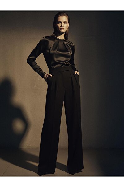 RİVUS Yüksek Belli Nervür Dikişli Bol Paçalı Maxi Boy Pileli Pantolon - Siyah