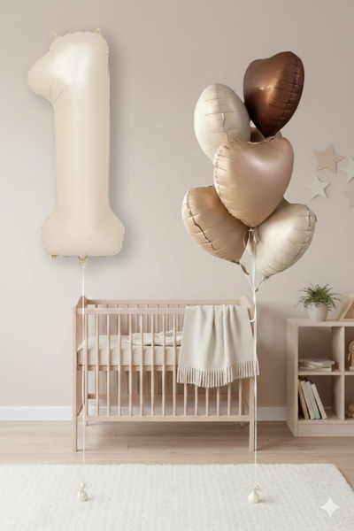 party world Cream Numeral 1 Foil Balloon and Set of 5 Heart Foil Balloons in ...