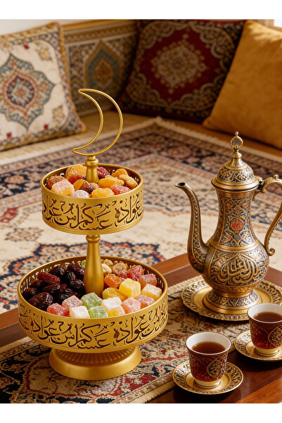 Pomefar زينة رمضان للمنزل، صينية تقديم رمضانية من طبقتين، حامل حلوى فواكه لحف...