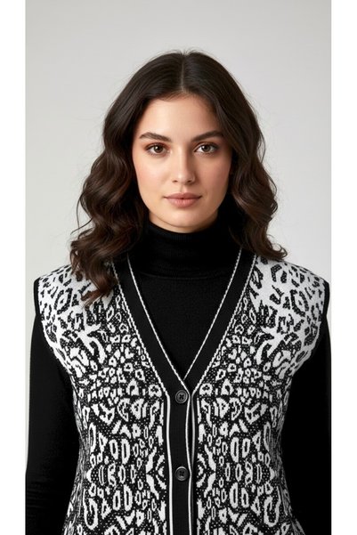 SİNAY TRİKO Women's Leopard Patterned Pocketed Buttoned Side Slit Knitwear Mother Vest