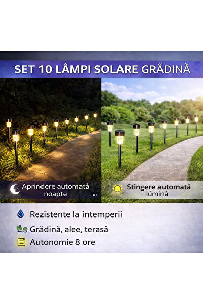 SMARTECH Set 10 lămpi solare de grădină, iluminare LED, IP44 pentru alei, ter...