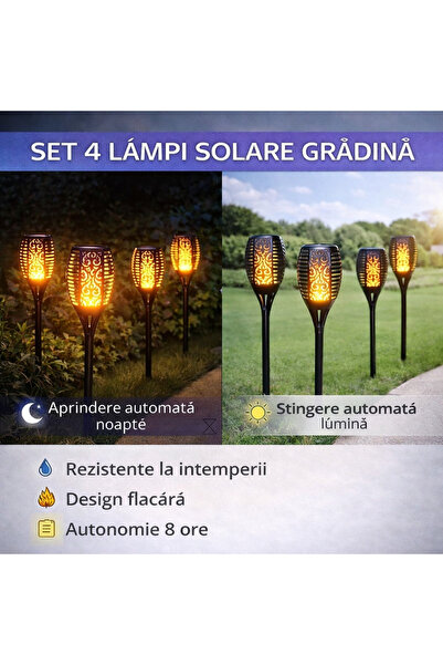 SMARTECH Set 4 lămpi solare, autonomie 8 ore, înălțime 50 cm, rezistente la i...