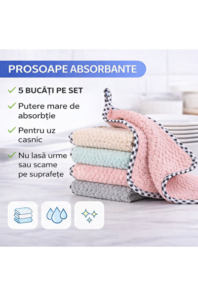 SMARTECH Set 5 bucati prosoape absorbante, laveta microfibra, 25x25cm, Multic...