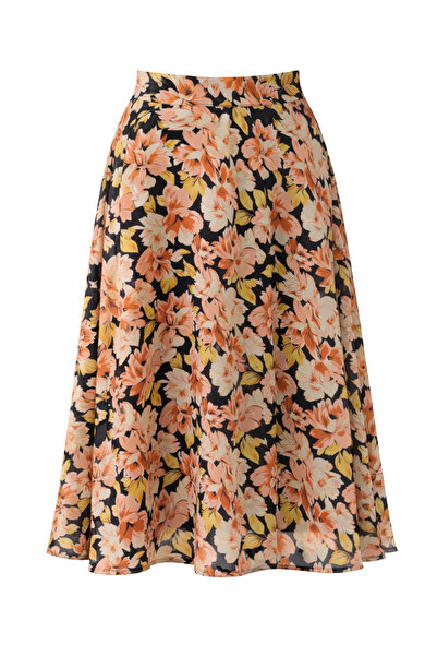 Retrobird Çiçek Desenli Valerie Şifon Kloş Astarlı Uzun Etek Kadın Taba