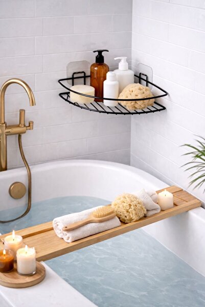 Home Stuff Magic Adhesive Bathroom Corner Shelf Flat Shower Shampoo Holder Wa...