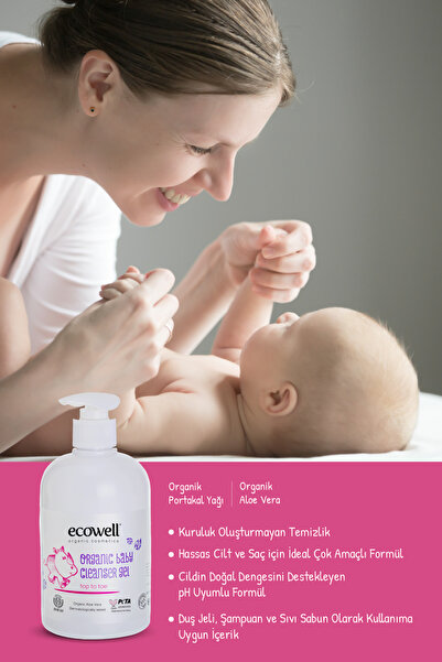 Ecowell Organik Bebek Ve Çocuk Temizleme Jeli, Vegan Sertifikalı, Şampuan, Duş Jeli Sabun Parabensiz 500ml