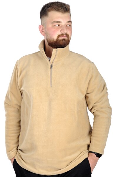 ModeXL Mode XL Men's Sweat Polo Collar Half Zipper Fleece 22548 Beige