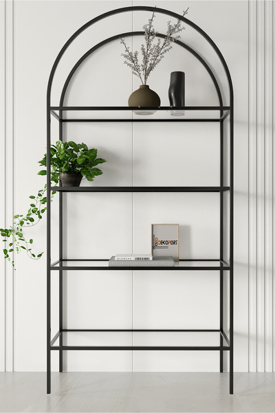 Huga Metal Linda Metal Kitaplık Siyah Şeffaf Cam