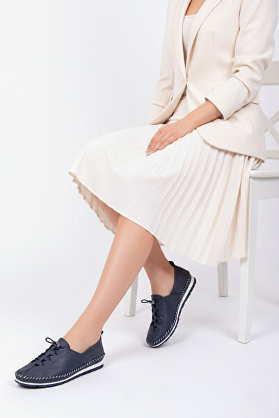 Deripabuc Hakiki Deri Lacivert Kadın Deri Babet Dp16-0052