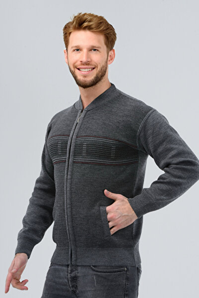 HEDEFNUR TEKSTİL Gray Men's Dad Steel Knitted Sweater Cardigan Patterned Zipp...