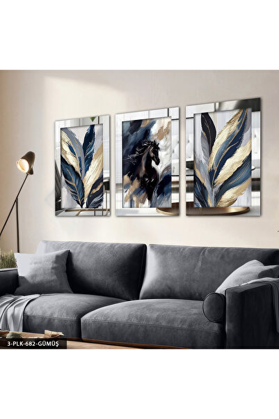 Evinemoda Siyah At ve Yaprak 3 Parça Gümüş Pleksi Aynalı Tablo