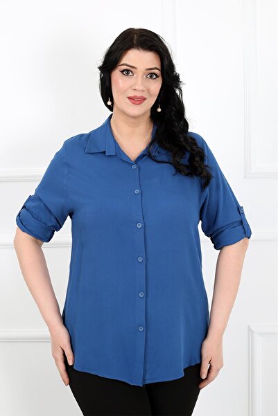 By Alba Collection Ženska pamučna viskozna obična košulja veće veličine indigo