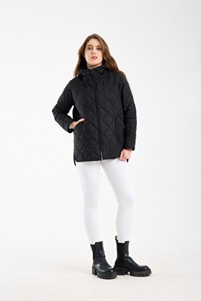 Wise Women's Hooded Oversized Quilted Fabric Zipper Closure Slit Coat