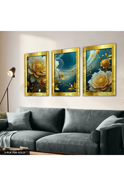 Evinemoda Floare albă cu frunze de aur 3 piese pictură cu oglindă din plexiglas