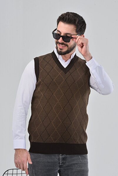 HEDEFNUR TEKSTİL Brown Men's Dad and Middle-Aged Baklava Patterned Acrylic V-...