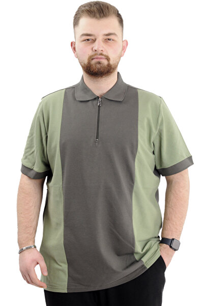ModeXL Men's Polo Neck T-Shirt - Plus Size, Color Block, U24327 Khaki