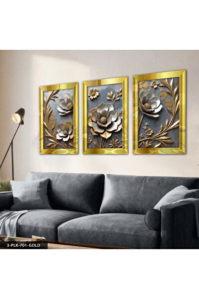 Evinemoda Floare cu frunze aurii, tablou din plexiglas cu oglindă, 3 piese