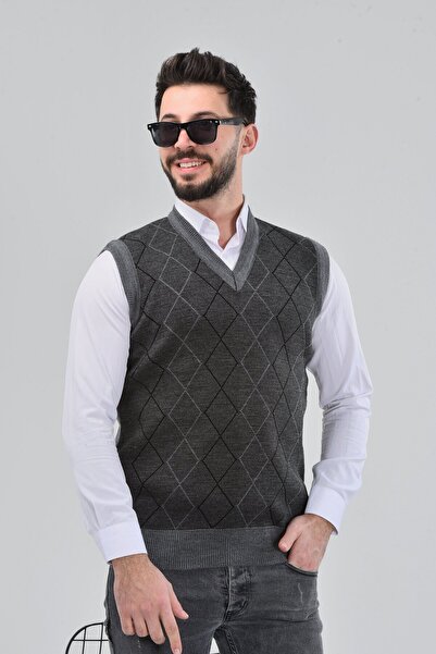 HEDEFNUR TEKSTİL Gri Erkek Baba ve Orta Yaş Baklava Çizgi Desenli Akrilik V Y...