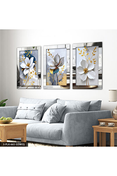 Evinemoda Gold Yapraklı Beyaz Çiçek 3 Parça Gümüş Pleksi Aynalı Tablo