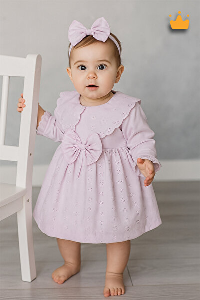 Babyhola 0-12 Ay %100 Pamuk Saç Bantlı Kız Bebek Fistolu Bayramlık Elbise Tak...