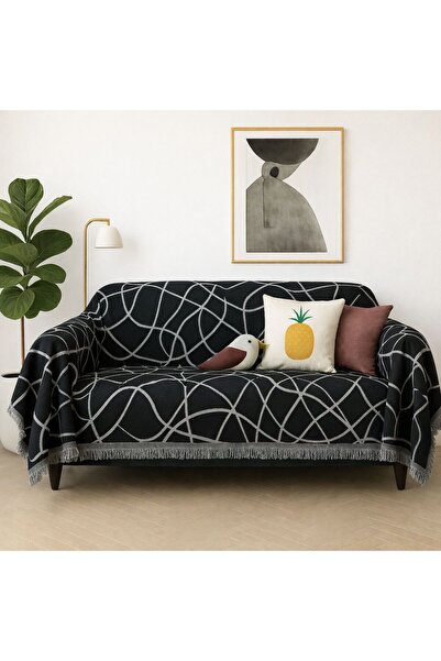 SENNORA Cotton King Size Sofa Cover 175X295 cm Modern Striped Black-Grey for ...