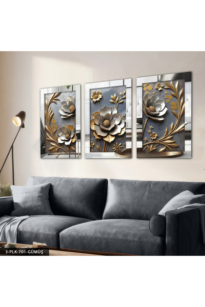 Evinemoda Gold Yapraklı Çiçek 3 Parça Pleksi Aynalı Tablo