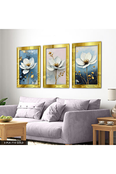 Evinemoda Floare albă cu frunze de aur 3 piese pictură cu oglindă din plexiglas