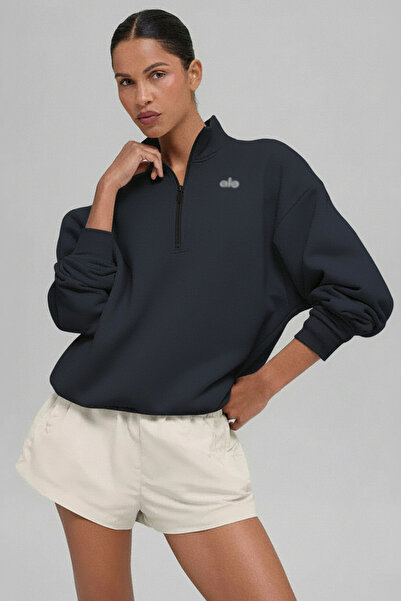 HepsitrentStore سترة رياضية مريحة باللون الأزرق الداكن مع ياقة نصفية وسحاب أمامي