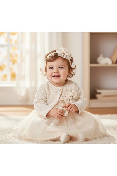 MİNİBORN Kız Bebek Tüllü Çiçek Detaylı bolerolu elbise