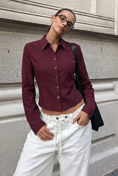 Genel Markalar Bordo Uzun Kollu Vücuda Oturan Gömlek HL150