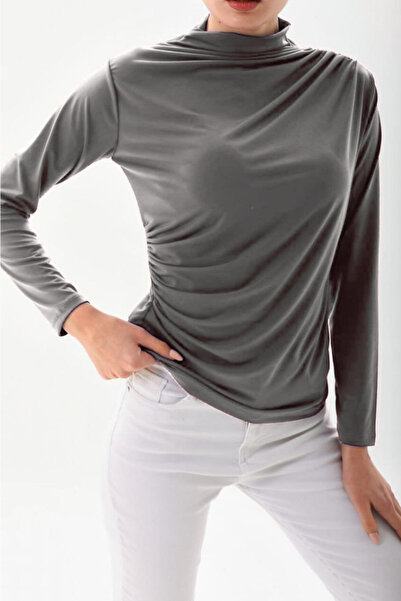 Potenza Women Blouse Draped Long Sleeve Sandy Fabric High Collar Blouse