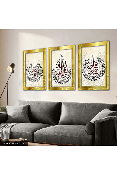Evinemoda Felak Nas Ihlas Suresi Gold 3 piese pictură cu oglindă din plexiglas
