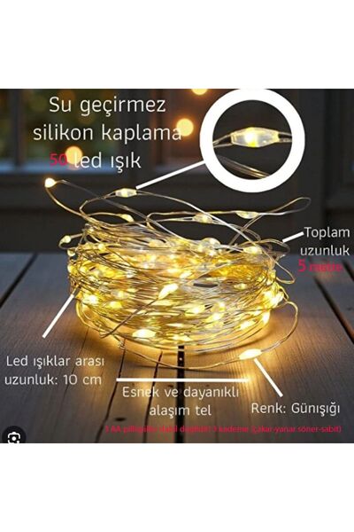 partidolu 50 Ampullü Bakır Tel Peri Led 5 Metre Gün Işığı Renk Pilli Led Işık...