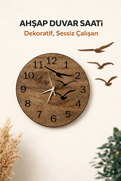 AsperaWood 40 cm Büyük Boy Ahşap Duvar Saati - Sessiz Akar Mekanizmalı Martı ...