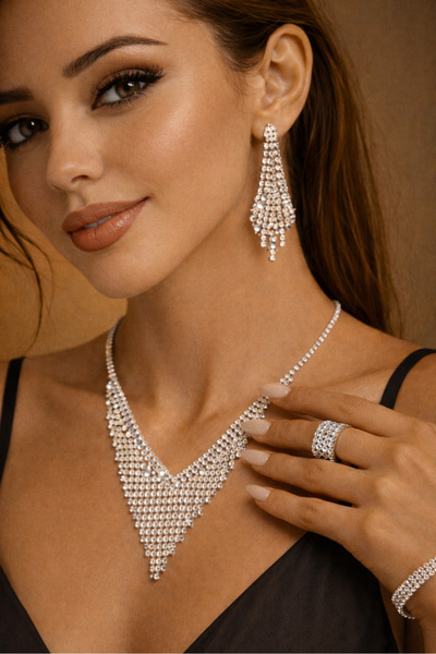 SE Jewellery Collection Selin Ersoy Düğün ve Davet İçin Işıltılı Taşlı 4’lü T...