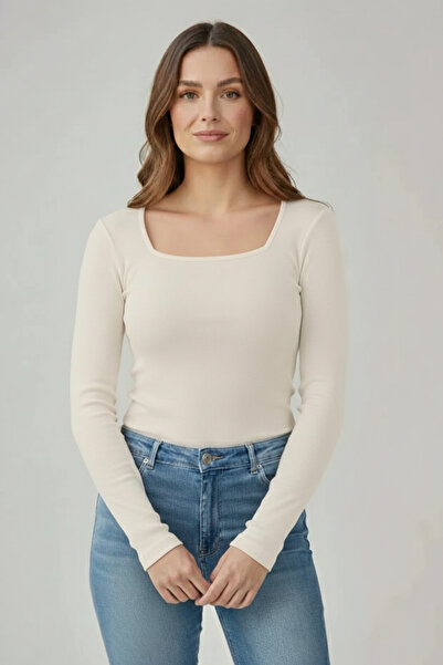 CHEISU Kadın Ekru Uzun Kollu Kare Yaka T-shirt Bluz Kaşkorse Fitilli